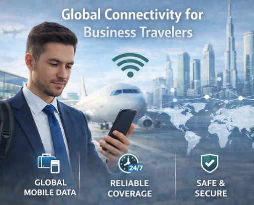 Man holding a smartphone with global connectivity features displayed, set against an airport background.