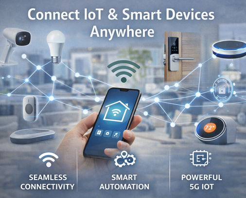 Smart devices connected via a smartphone on the M-Mobile Network, with text highlighting features like seamless connectivity, smart automation, and powerful 5G IoT.